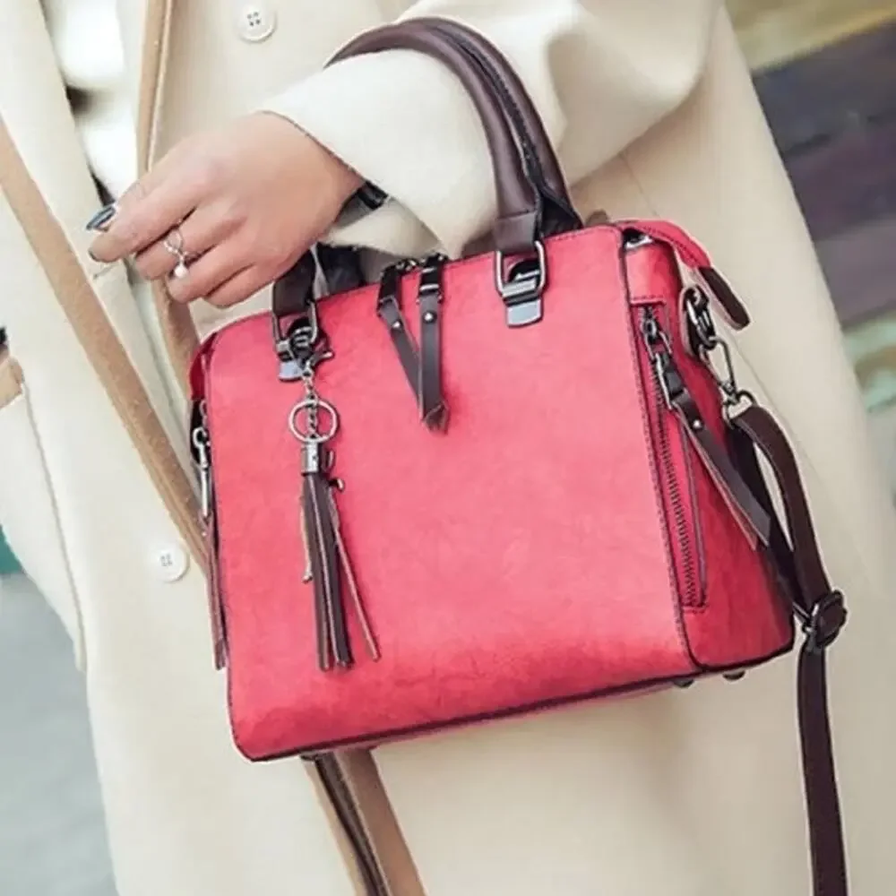 Red Wine plaid fur ball pendant large capacity handbag - Picture 3 of 5